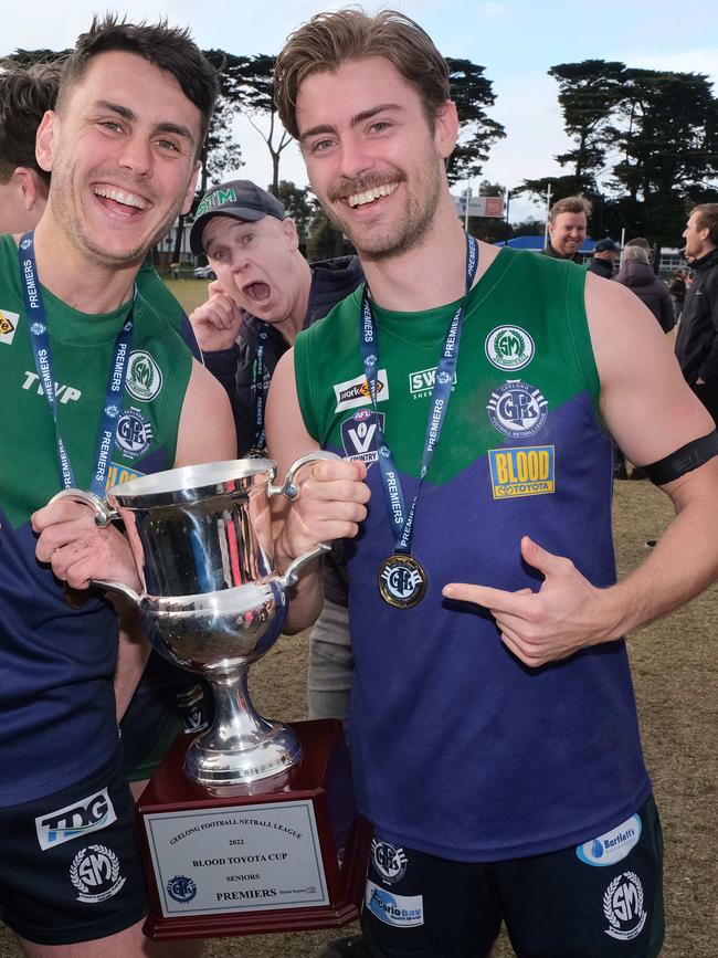 Harrison Kol (right) celebrating his premiership victory for St Mary’s last season with teammate Joe Maishman. Picture: Mark Wilson