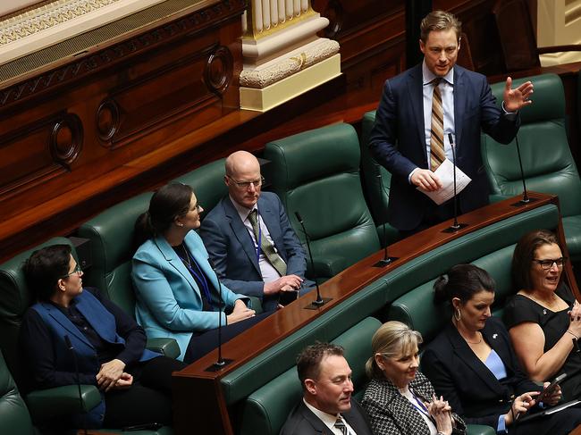 Greens MP Sam Hibbins points out the Labor government is spending no money on building houses. Picture: NCA NewsWire / Ian Currie