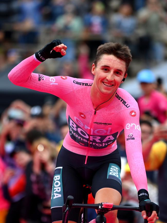 Jai Hindley of Australia and Team Bora the finish line and waves the crowd at the Arena di Verona during the 105th Giro d'Italia 2021. Picture: Tim de Waele