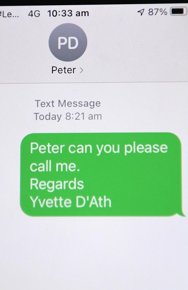 A text message on Health Minister Yvette D’Ath’s phone. Picture: NCA NewsWire / Dan Peled