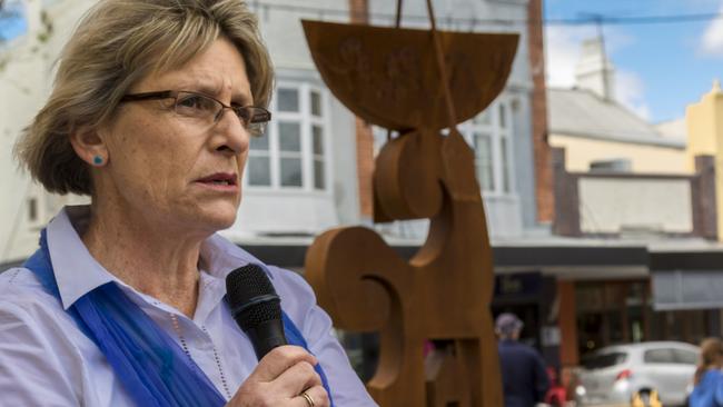 Mother of victim Liz Noble, at the unveiling of the permanent statue by artist Jimmy Rix which commemorates the loss of three lives in the Rozelle explosion. Photo: Costa Atzemis