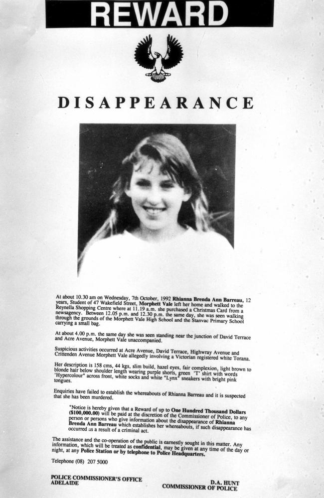 SA Police handout offering reward for information on Rhianna Barreau, who went missing in October 1992.