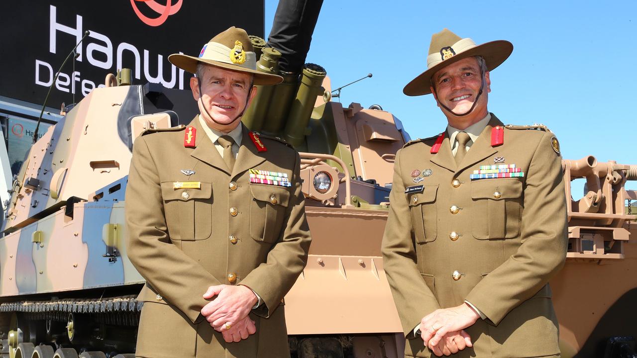 General Andrew Bottrel and Brigadier Shaun at the turning of the sod for the Hanwha howitzer plant in Avalon. Picture: Alison Wynd