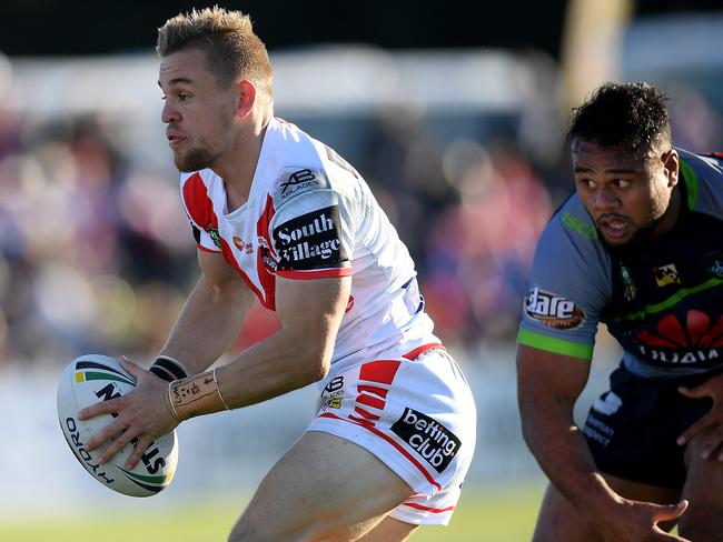 Matthew Dufty breaks clear on his way to a try against the Raiders. Picture: AAP