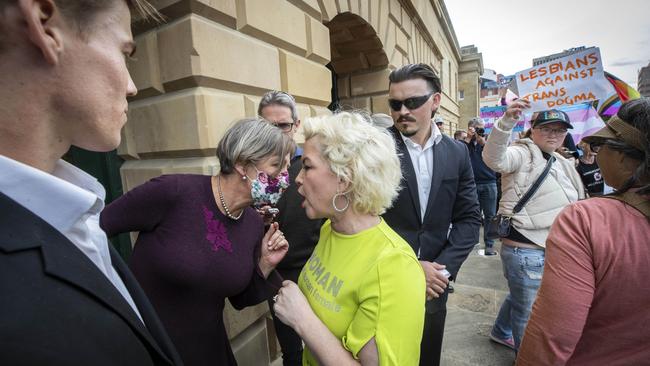 Courtyard showdown: Tasmanian Greens leader Cassy O’Connor confronts anti-trans activist Kellie-Jay Keen on Tuesday. Picture: Chris Kidd