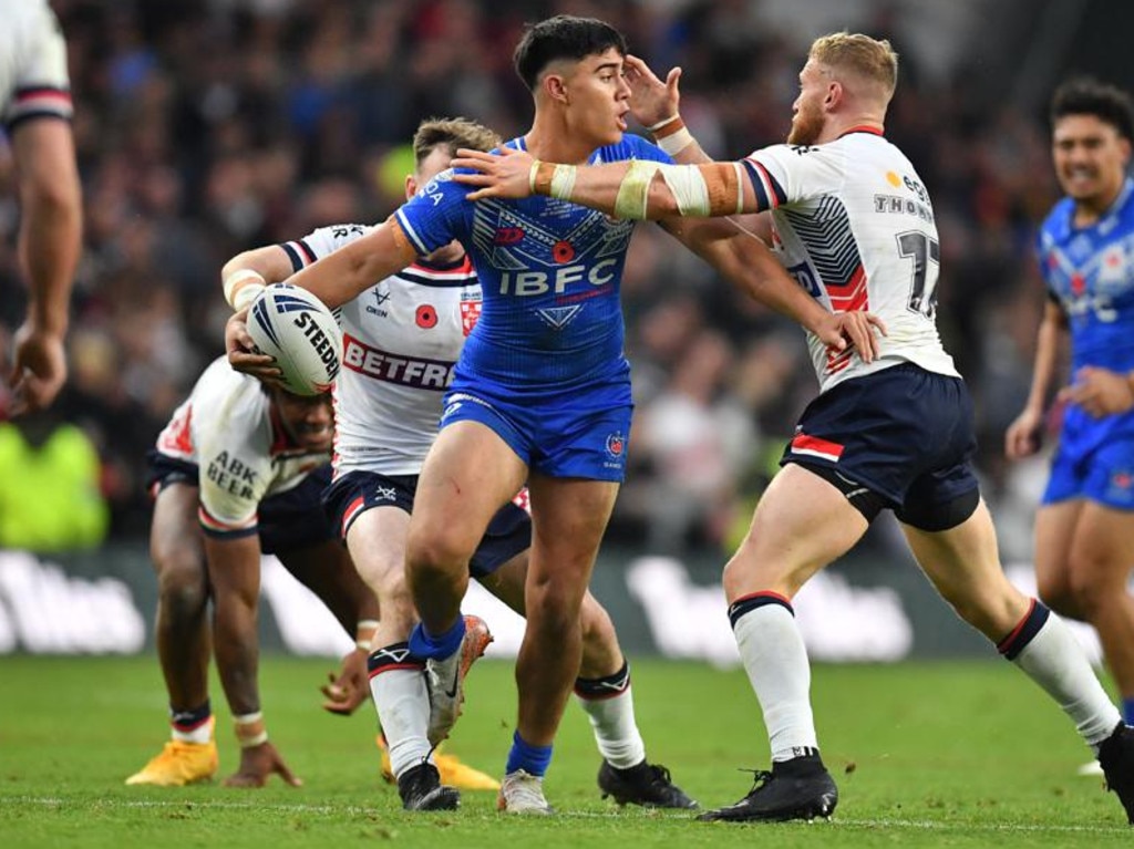 Blaize Talagi playing for Samoa against England. Picture: NRL Images