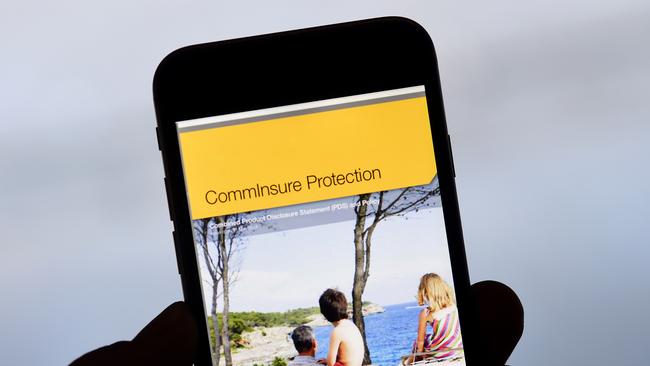 Commonwealth Bank's CommInsure product advertising is seen on a mobile device. Picture: AAP