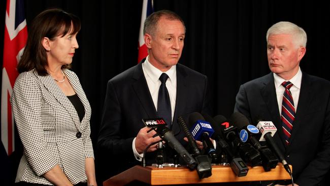 Minister Child Development Susan Close, Premier Jay Weatherill and Minister for Child Protection Reform and Attorney-General John Rau speak to media about the Nyland report..