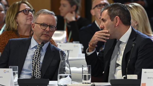 Anthony Albanese, left, and Treasurer Jim Chalmers at the Jobs and Skills Summit at Parliament House in Canberra on Thursday. Picture: Getty Images