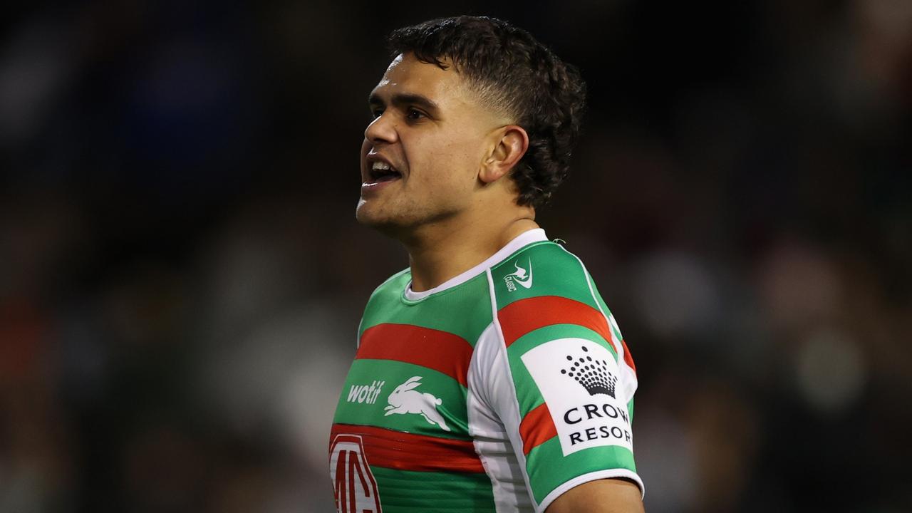 NEWCASTLE, AUSTRALIA - JULY 08: Latrell Mitchell of the Rabbitohs questions a decision during the round 17 NRL match between the Newcastle Knights and the South Sydney Rabbitohs at McDonald Jones Stadium, on July 08, 2022, in Newcastle, Australia. (Photo by Ashley Feder/Getty Images)