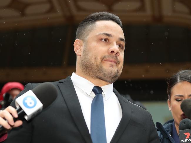 Former NRL superstar Jarryd Hayne emerges from the Downing Centre District Court earlier after being found guilty. Picture: NCA NewsWire / Christian Gilles