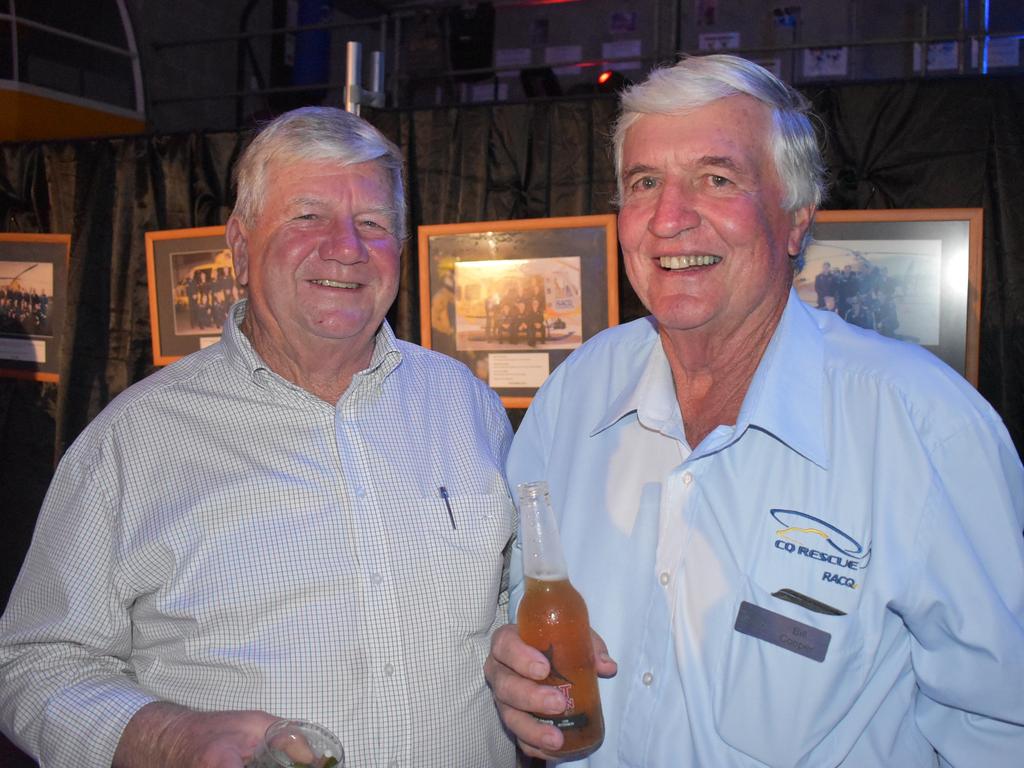 Former Mackay mayor Col Meng of North Mackay with RACQ CQ Rescue board member Bill Cooper of East Mackay at RACQ CQ Rescue's silver jubilee celebrations on Friday, April 9, 2021. Picture: Tara Miko