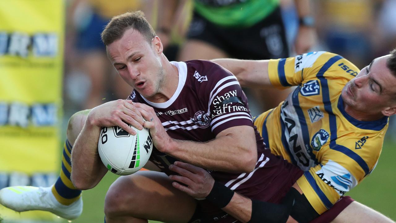 Manly's Daly Cherry-Evans scores a try during the Manly v Parramatta NRL match at Lottoland, Brookvale. Picture: Brett Costello