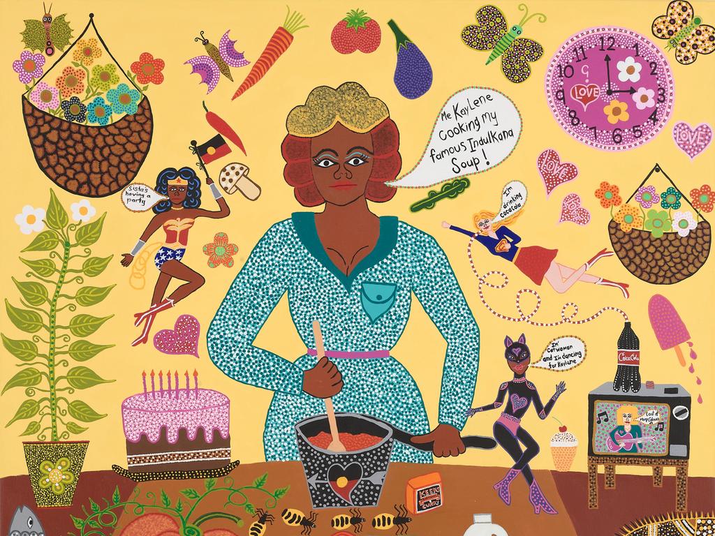 Kaylene Whiskey’s 'Cooking my famous Indulkana soup', acrylic on linen, 152.3 x 122cm. Sitter: Kaylene Whiskey