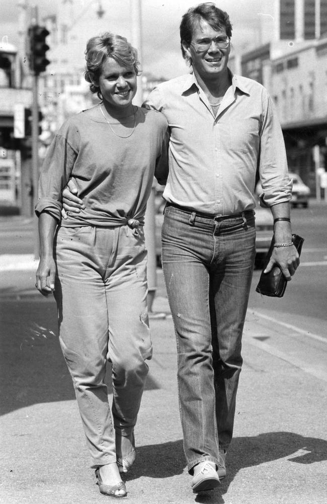 Evonne Goolagong-Cawley (nee Goolagong) with her husband, former junior British tennis player Roger Cawley, stroll along Hindley St while Goolagong is in Adelaide to compete.