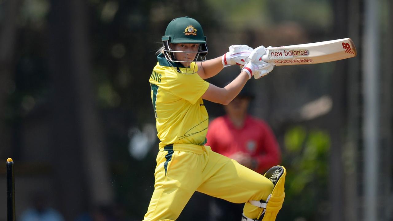 Australia captain Meg Lanning plays a shot during the practice games. Photo: Punit Paranjpe/AFP. 