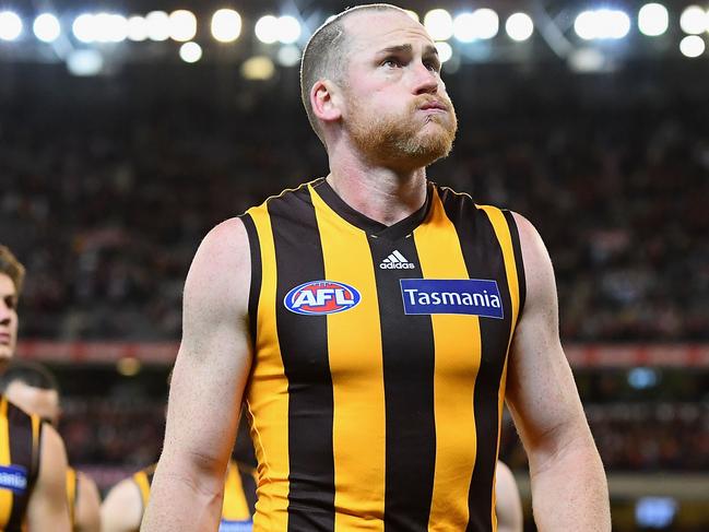 MELBOURNE, AUSTRALIA - SEPTEMBER 14:  Jarryd Roughead of the Hawks looks dejected after losing the AFL Semi Final match between the Hawthorn Hawks and the Melbourne Demons at the Melbourne Cricket Ground on September 14, 2018 in Melbourne, Australia.  (Photo by Quinn Rooney/Getty Images)