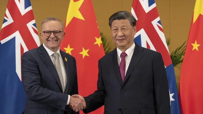 Prime Minister Anthony Albanese meets with China's President Xi Jinping. The PM’s visit to Beijing will be ‘purely political’ with no room for non-government engagements. Picture: Twitter