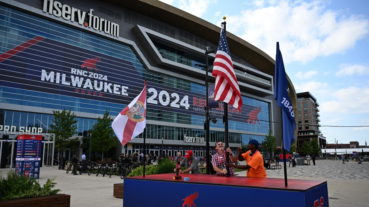 Flags are raised outside the Fiserv Forum ahead of the Republican National Convention (RNC) in Milwaukee, Wisconsin. Picture: Getty Images