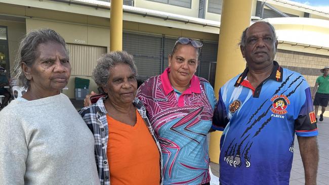 Wujal Wujal residents Marie Shipton, Auntie Kathleen Walker, Coraleen Shipton and Uncle William Harrigan after being evacuated last month to Cooktown's Disaster Centre.