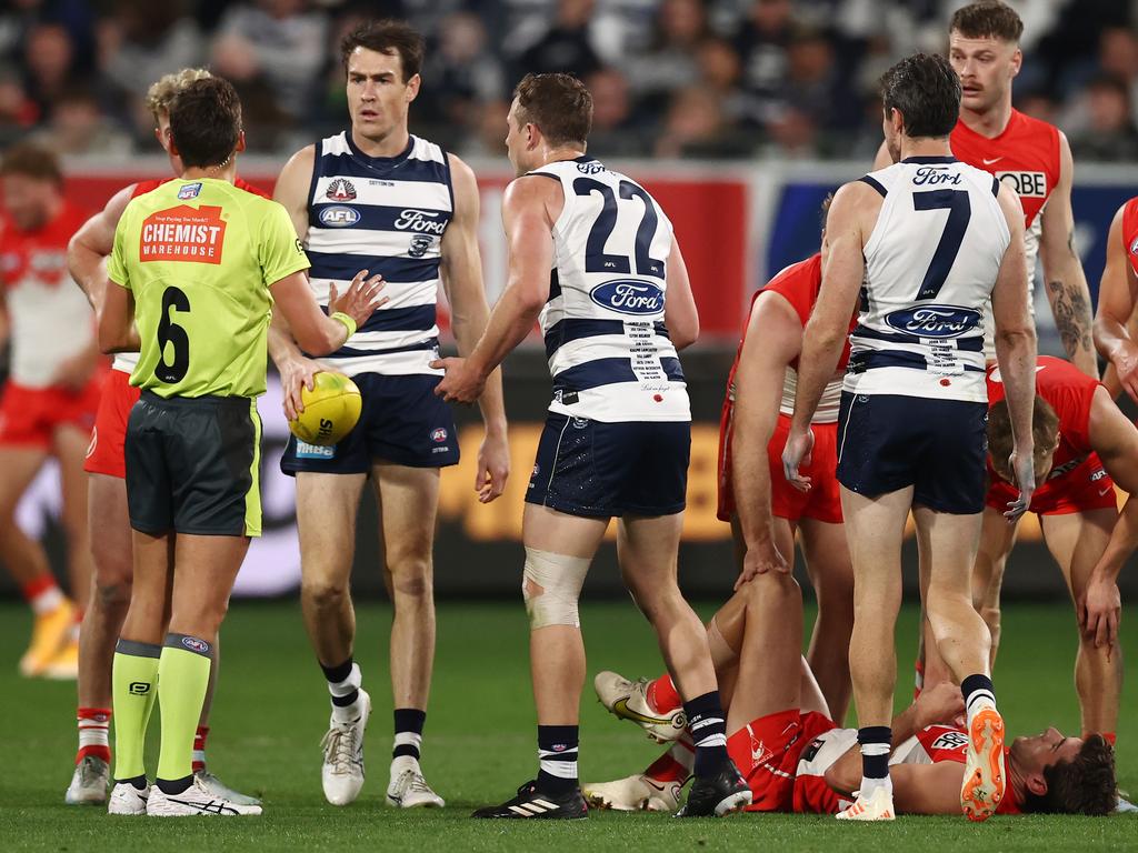 Mitch Duncan after his bump on Robbie Fox. Picture: Michael Klein