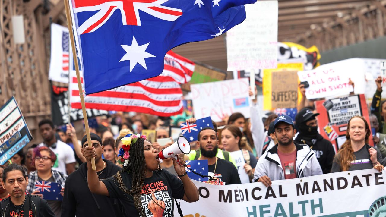 People march as they protest against NYC's coronavirus vaccine mandate. Picture: Michael M. Santiago/Getty Images/AFP