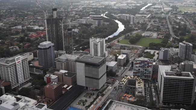 A view of Parramatta from the 51st floor of 8 Parramatta Square. The CBD Planning Proposal permits skyscrapers reaching 70 storeys. Picture: David Swift