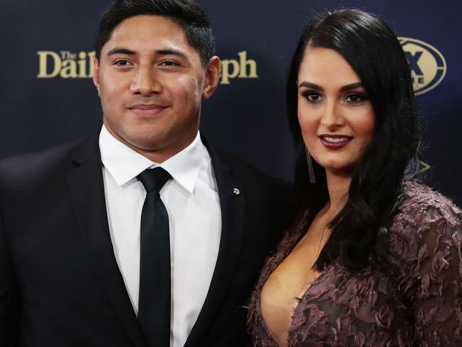 SYDNEY, AUSTRALIA - SEPTEMBER 27:  Jason Taumalolo of the Cowboys with partner Liana Lariva arrive ahead of the 2017 Dally M Awards at The Star on September 27, 2017 in Sydney, Australia.  (Photo by Matt King/Getty Images)