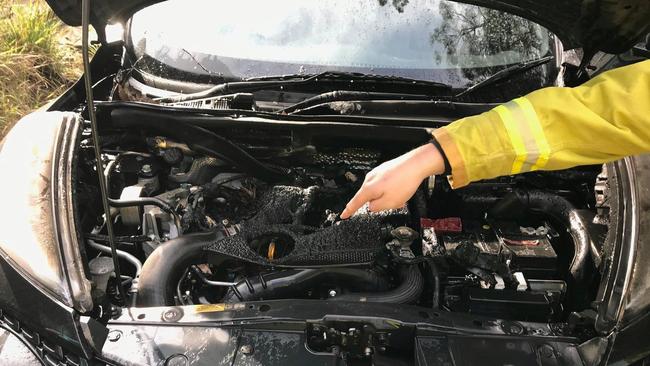 Firefighters from Sassafras-Ferny Creek CFA attended a car fire caused by a nest of rats under the bonnet. Picture: CFA