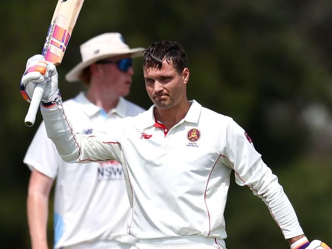 SYDNEY, AUSTRALIA - OCTOBER 11: Alex Carey of the Redbacks celebrates scoring his century during the Sheffield Shield match between New South Wales and South Australia at Cricket Central, on October 11, 2024, in Sydney, Australia. (Photo by Brendon Thorne/Getty Images)