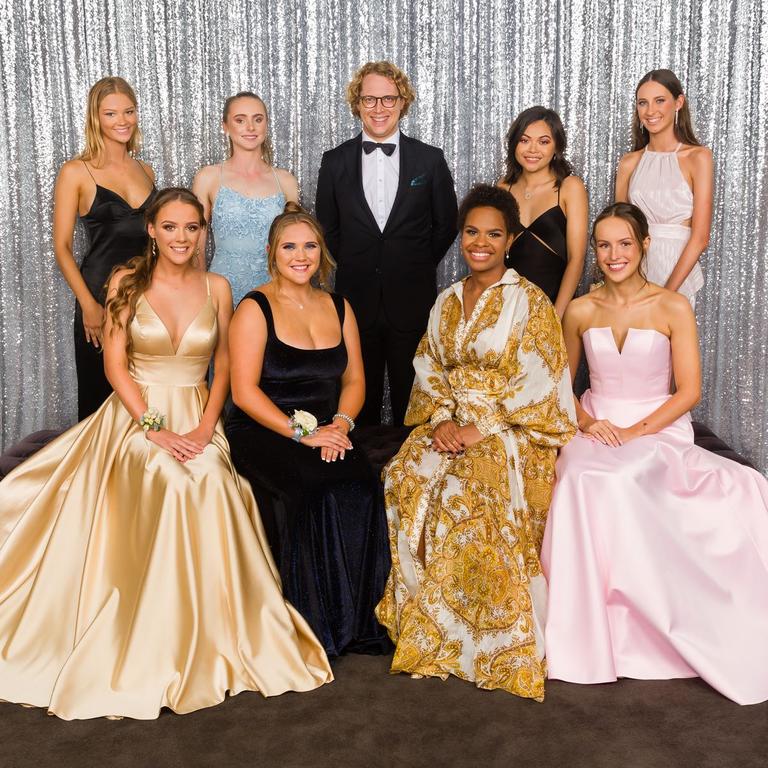 Clayfield College formal 2020: Front row: Leah Brumpton, Madeleine Hollyoak-Muller, Cleone Wrakuale, Francesca Irwin. Back row: Zahra Nowland-Best, Jillian Weir, Mr Justin Desmarchelier, Lucy Putri, Annalise McDonald. Picture: Ranald Simmons