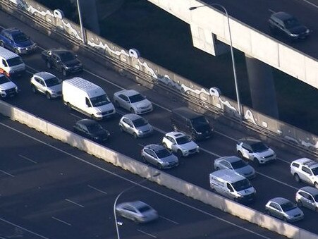 A crash involving at least 14 cars on one of Sydney’s major highways brought traffic to a standstill on Thursday morning. At around 7.30am, two of the three westbound lanes of the M4 were closed near the Cumberland Highway off-ramp due to the multi-vehicle crash. Picture: 7News