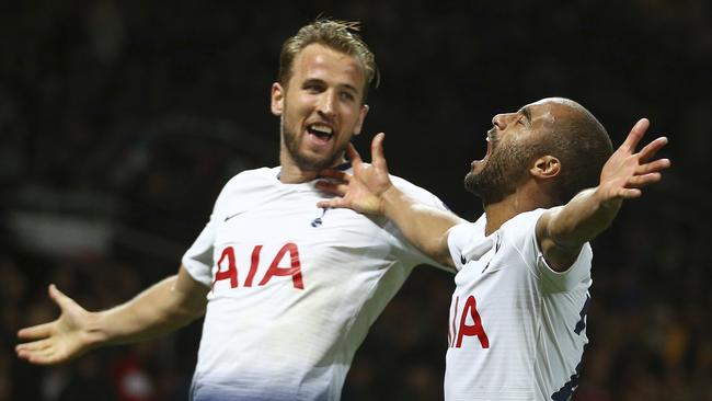 Tottenham Hotspur's Lucas Moura (right) celebrates with Harry Kane scoring his side's third goal against Manchester United. Photo: AP