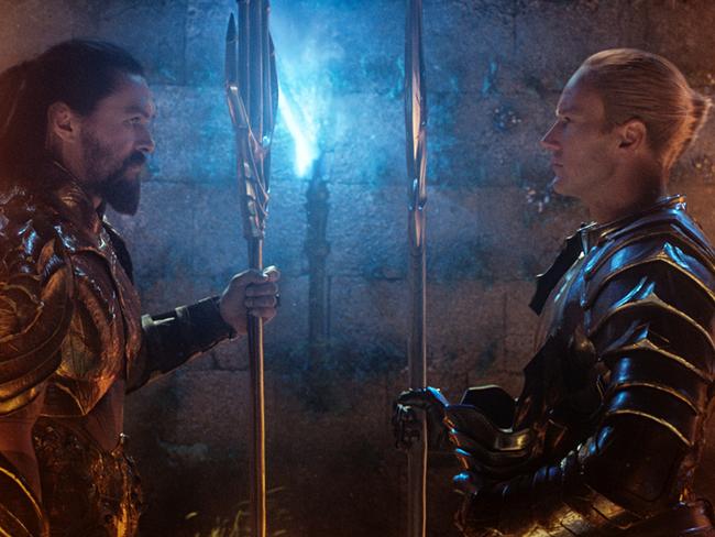 Known underwater as the King of Atlantis, Jason Momoa (right) finally gets his headline hero moment in <i>Aquaman</i>, due in cinemas this December. Picture: Warner Bros