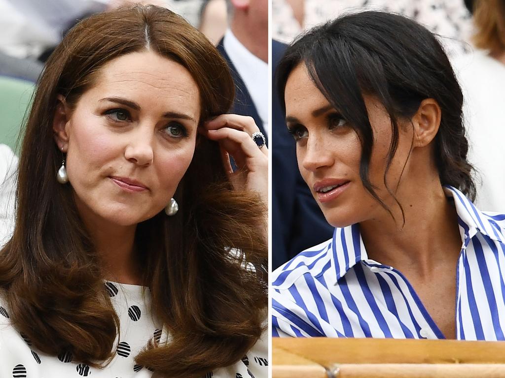 Catherine, Duchess of Cambridge and Meghan, Duchess of Sussex attend day twelve of the Wimbledon Lawn Tennis Championships in 2018. Picture: Clive Mason/Getty Images.