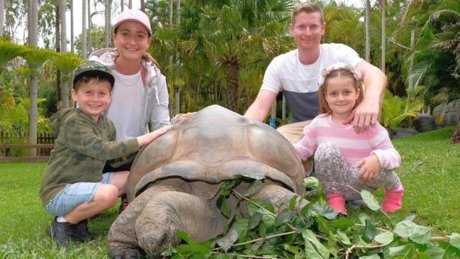Chris Leigh with his family, son Calum, wife Mirela and daughter Miranda at Australia Zoo. Picture: Contributed