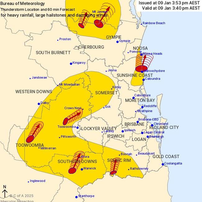 The BoM warning issued at 3.53pm had seven storm cells.