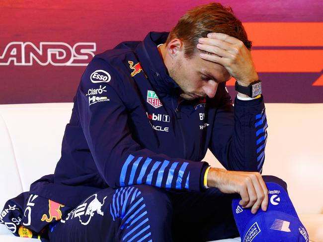 ZANDVOORT, NETHERLANDS - AUGUST 25: Max Verstappen of the Netherlands and Oracle Red Bull Racing attends the press conference after the F1 Grand Prix of Netherlands at Circuit Zandvoort on August 25, 2024 in Zandvoort, Netherlands. (Photo by Clive Rose/Getty Images)