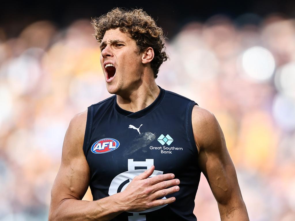 Charlie Curnow and the Blues are charging home. Picture: Dylan Burns/AFL Photos via Getty Images