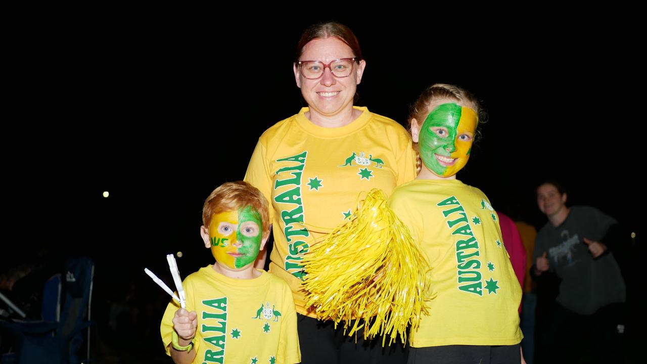 Lucas Maunder, 5, Jessica Donaldson and Ava Maunder, 9 at Jezzine Barracks in Townsville to watch the Matildas versus England World Cup semi-final. Picture: Blair Jackson