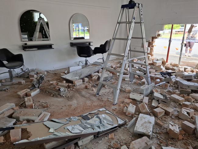 Damage at the premises of Crimson Hairdressers, Coffs Harbour after a police car chase goes wrong 30 September 2024.