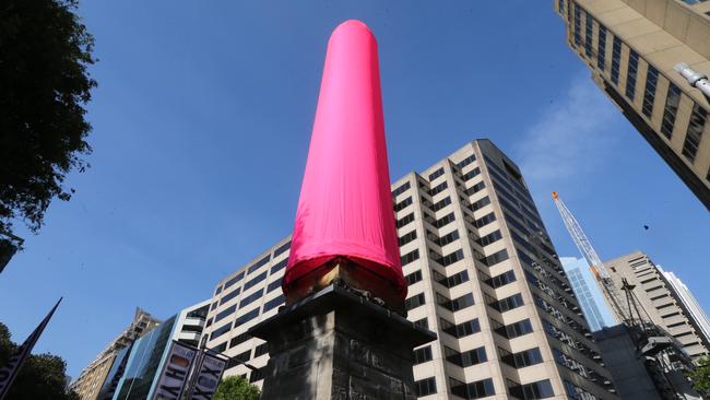 The condom-clad obelisk at Hyde Park is drawing plenty of attention. Picture: Ross Schultz