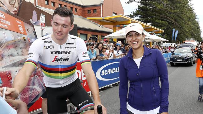 World road champion Mads Pedersen signs on at the 2020 Tour Down. Picture: Sarah Reed