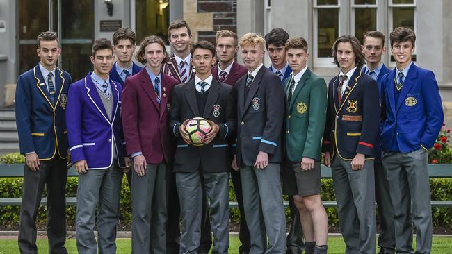 College footy/soccer season previews.Soccer.Back row.Alex Tsavalas Immanuel Caden Yates Sacred heartBlake Favretto PACCooper Nunn Gleeson college Peter Unerkov St. Peters Lachlan McRostie PembrokeFront row.Matthew Di Matteo CBCJordan Steer Cardijn Luis Lawrie-lattanzio Black friers Jai King Black FriarsMassimo Falco Mercedes college Harry Anderson Scotch College Dragan Kljajic Pembroke Wednesday May 1st, 2019. (AAP Image/Roy VanDerVegt)