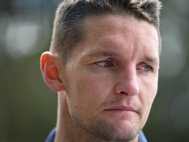 Raiders captain Jarrod Croker addressing media. (AAP Image/Lukas Coch)