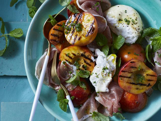 EMBARGO FOR TWAM 28 JANUARY 2023. FEE MAY APPLY.  Recipe by Alice Zaslavsky. Peach and Prosciutto Salad. Styling: Jenn Tolhurst, Food prep: Max Adey, Photo: Guy Bailey