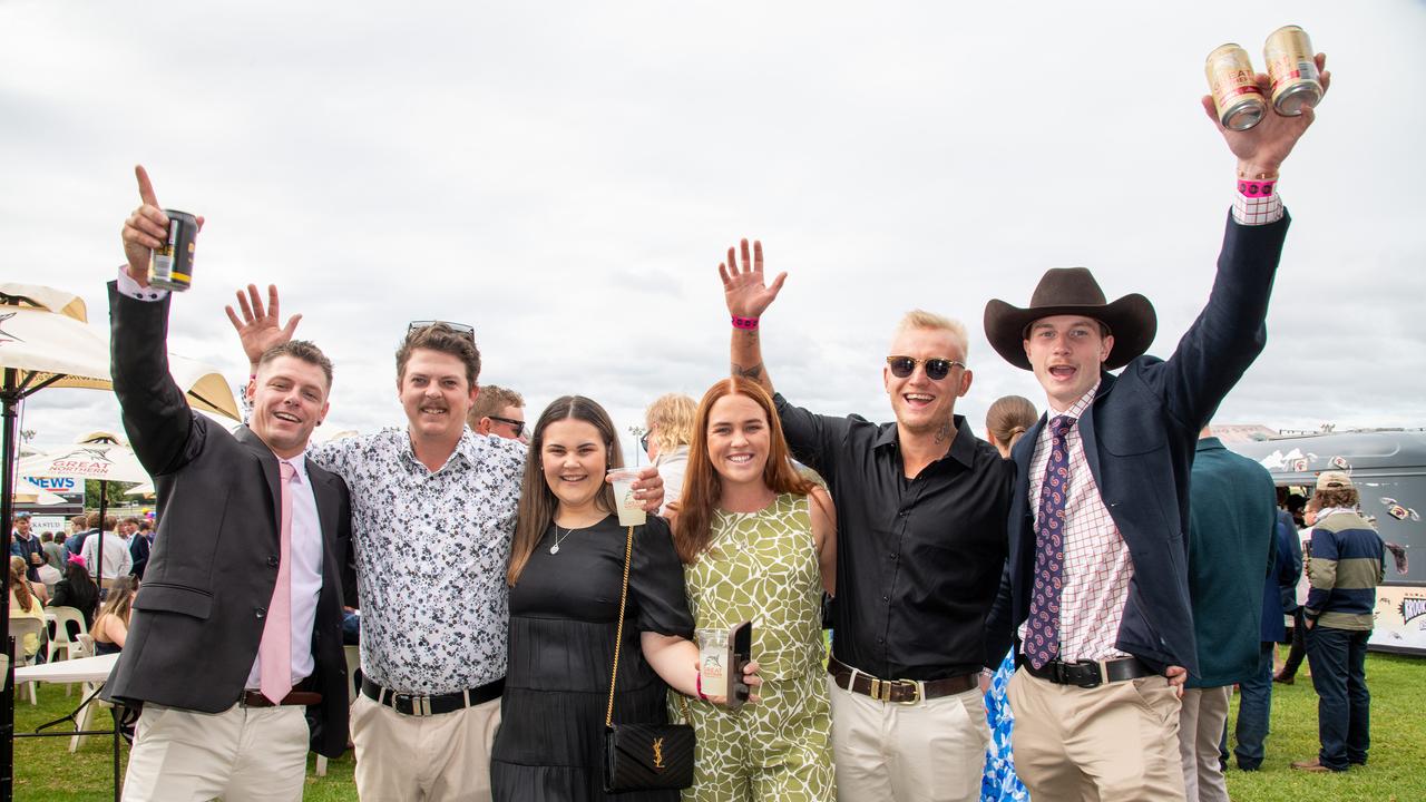 From left; Khai De-Kroon, Dylan Causley, Grace Bowen, Madi and Michael Monckton and Jake Shaw. IEquine Toowoomba Weetwood Raceday - Clifford Park Saturday September 28, 2024 Picture: Bev Lacey