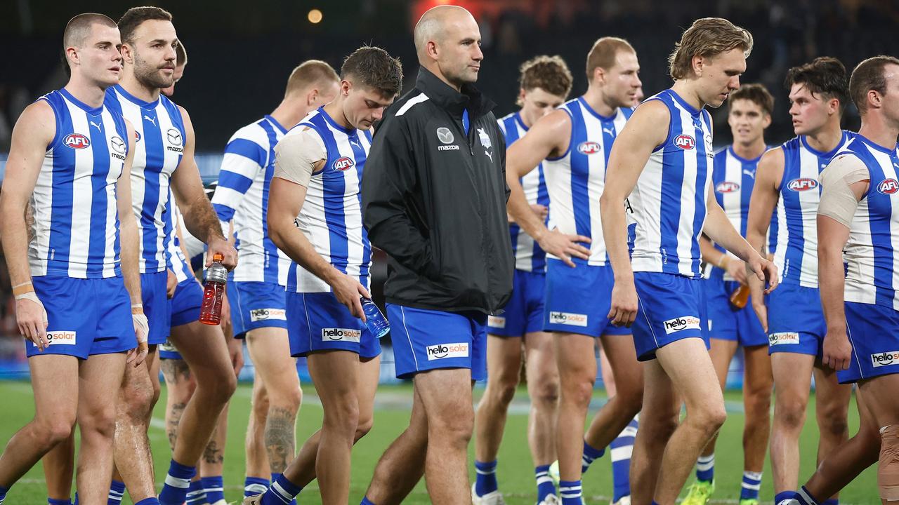 MELBOURNE, AUSTRALIA - MAY 07: Ben Cunnington of the Kangaroos looks dejected after a loss during the 2023 AFL Round 08 match between the North Melbourne Kangaroos and the St Kilda Saints at Marvel Stadium on May 7, 2023 in Melbourne, Australia. (Photo by Michael Willson/AFL Photos via Getty Images)