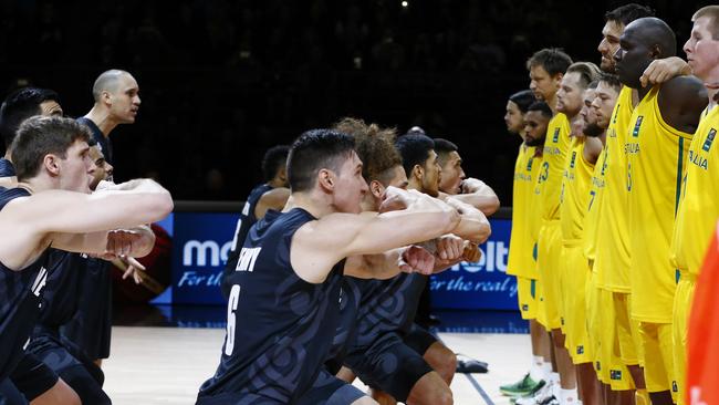 The Tall Blacks perform the Haka pre match. Pic: Michael Klein