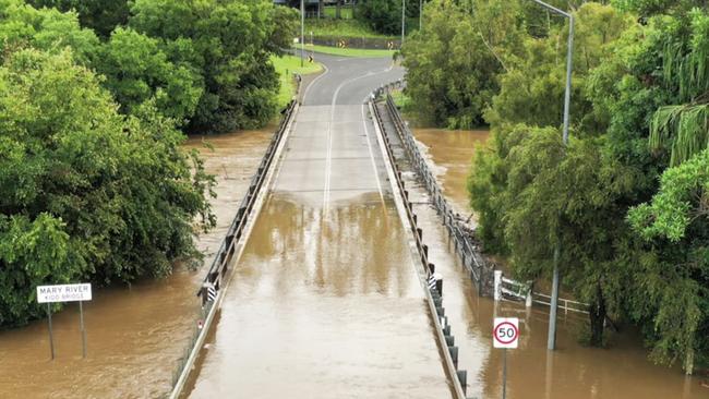 Gympie’s Kidd Bridge, connecting the city to the Southside, was cut by floodwaters about midnight Tuesday. Photo: Infinity Flights Photography